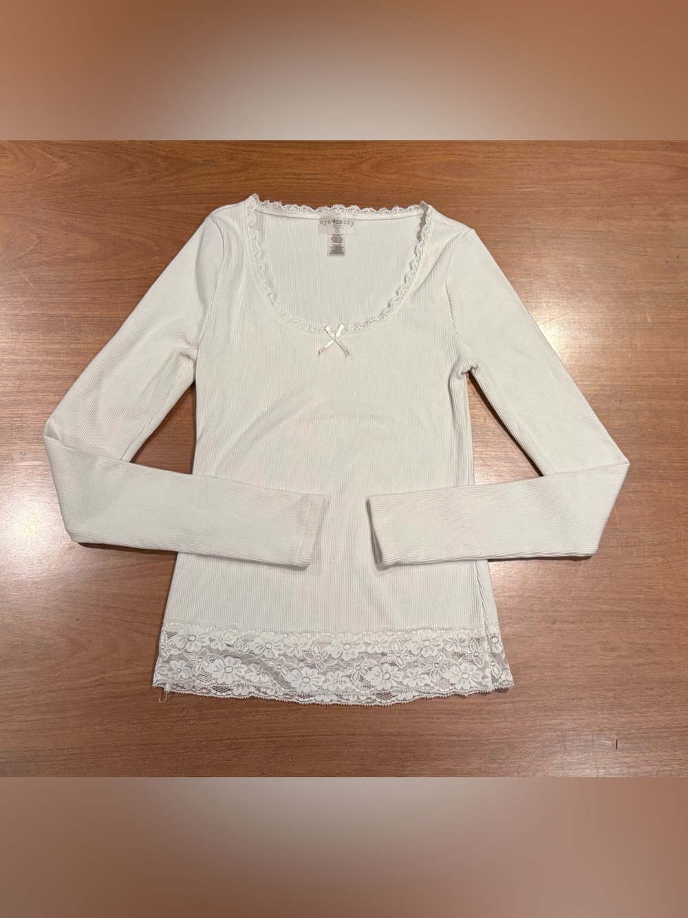 Eye Candy Y2K Womens S Ribbed Lace Trim Long Sleeve Top Coquette Cream